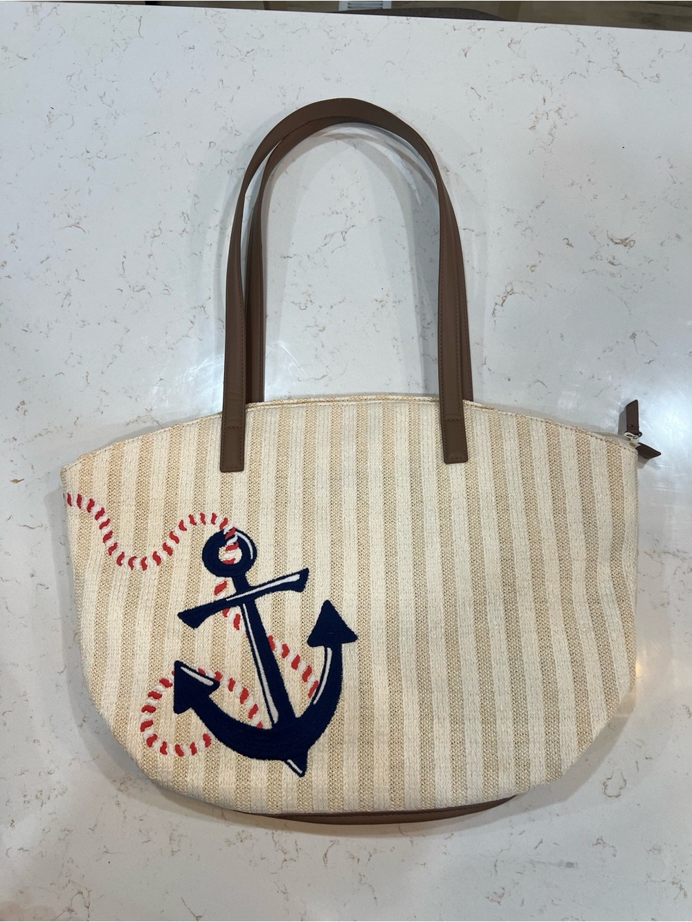 Vera Bradley tore Striped Anchor Tote in Cream with Navy and Brown Accents